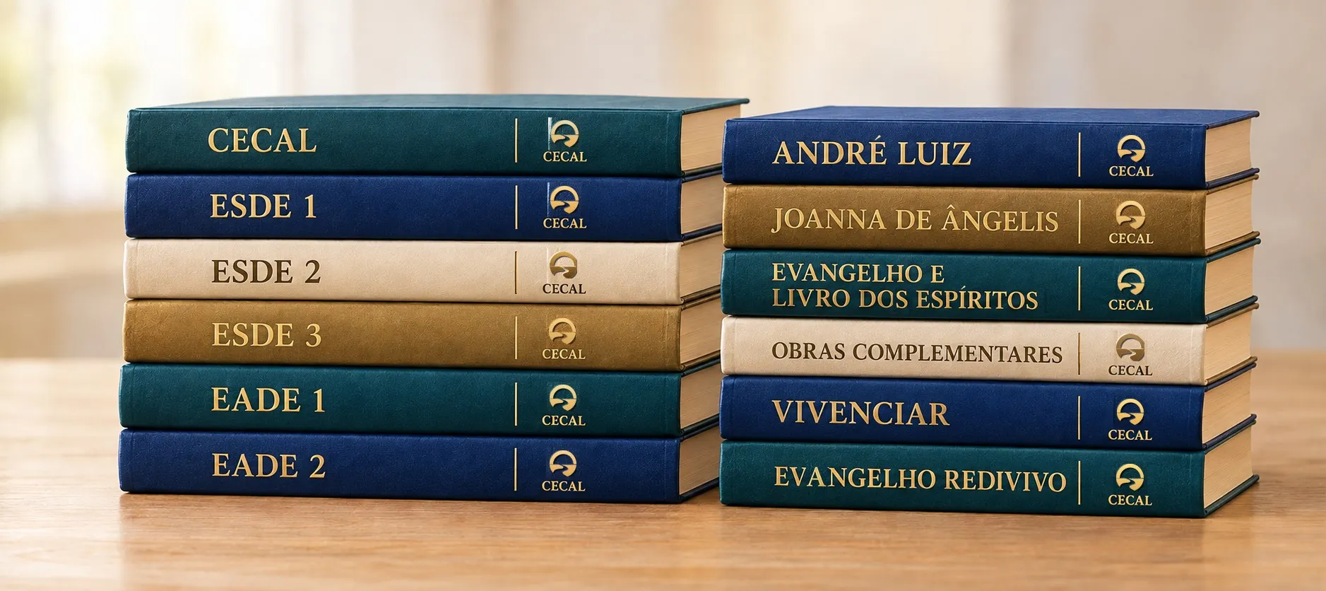 Duas pilhas de livros com os nomes dos grupos de estudo do CECAL nas lombadas.
